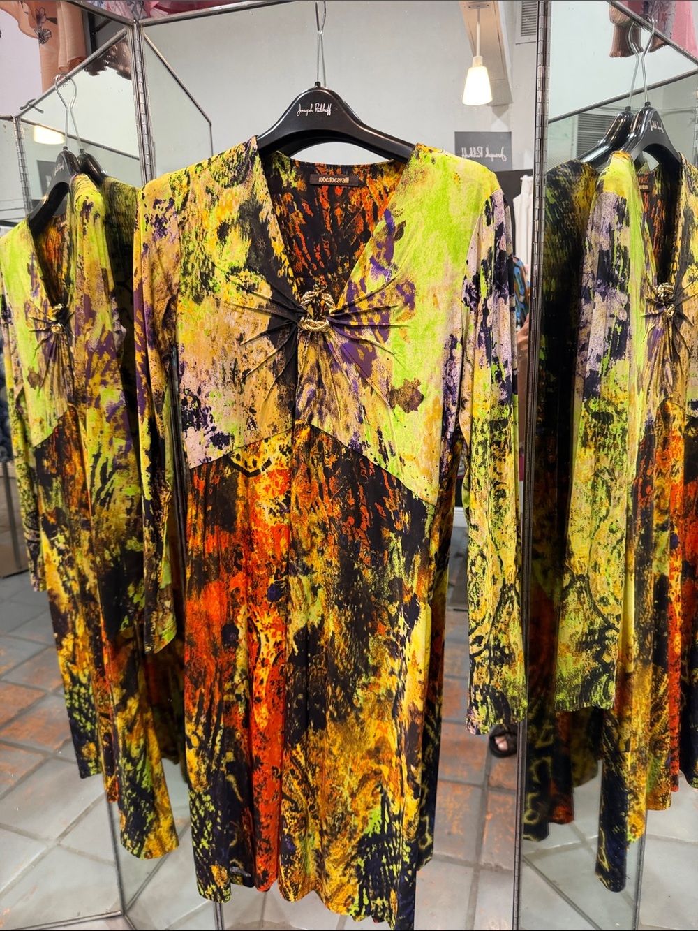 Roberto Cavalli Long-Sleeve Tunic Dress in Yellow, Orange, Purple, Black
